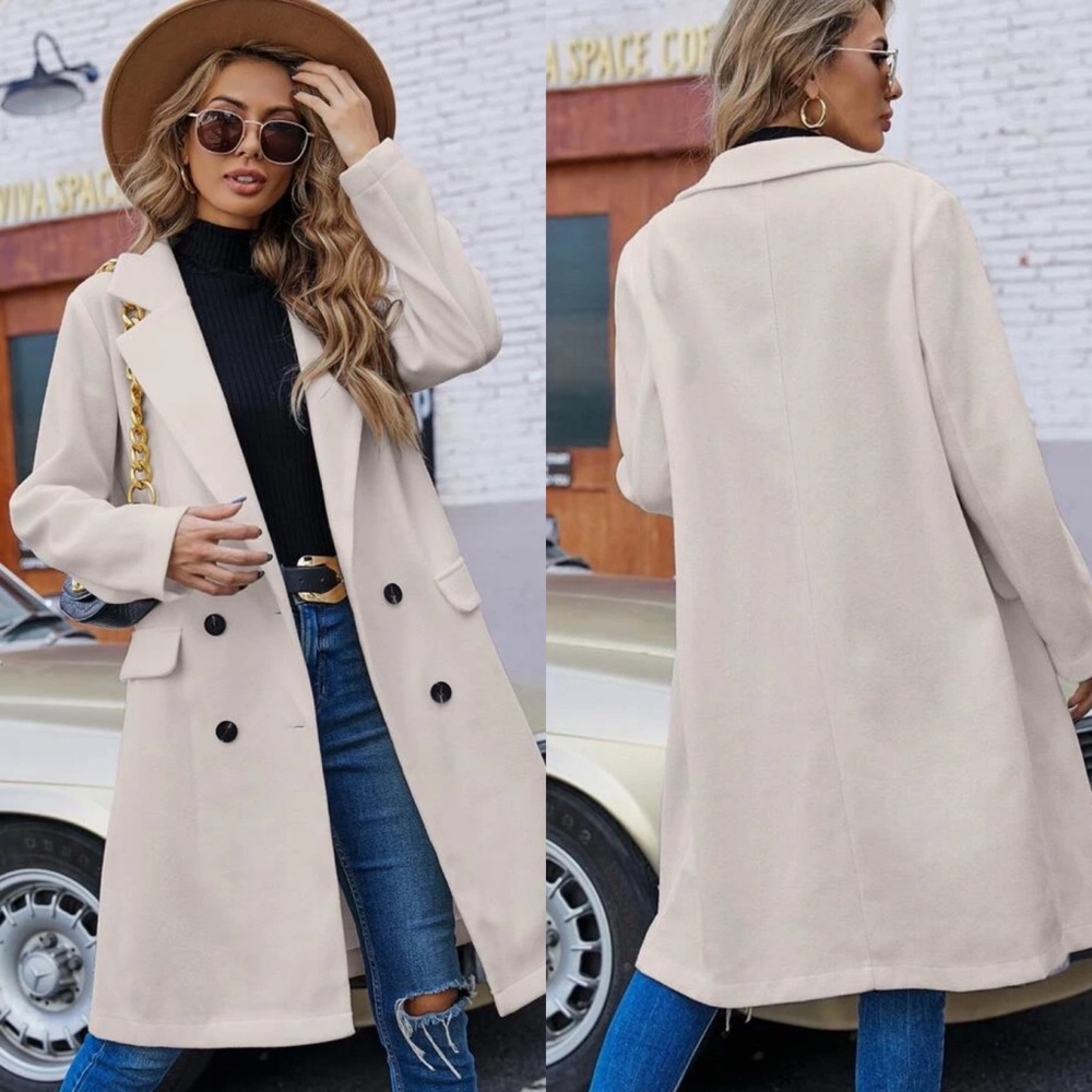 Double breasted pea coat long trench white - Picture 2 of 4